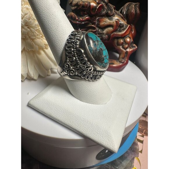 Sterling Silver Turquoise Oval Ring - ADJUSTABLE - Picture 2 of 7
